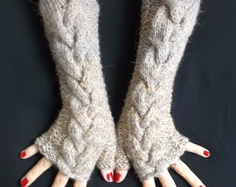 Knit Fingerless winter Gloves Wrist Warmers Light Brown Grey Cabled