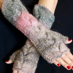 Fingerless Gloves Cabled Warm Arm Warmers Salmon Pink Light Brown Violet Grey Handknitted image 3