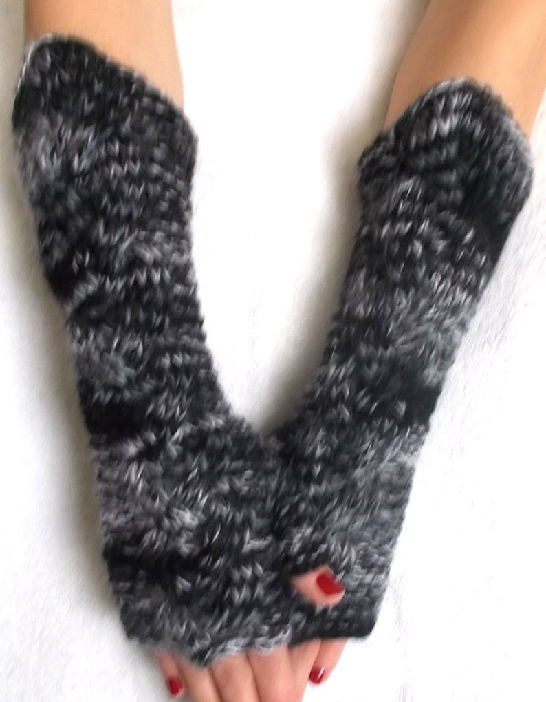 Hand Knit Fingerless Gloves Cabled Arm Warmers in Black White Grey Warm Women Winter Accessory image 4