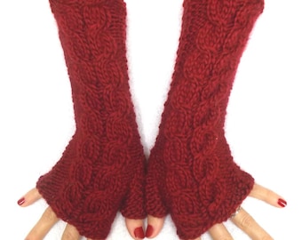 Handknit Fingerless Gloves Wrist Warmers Cranberry Red Soft Cabled