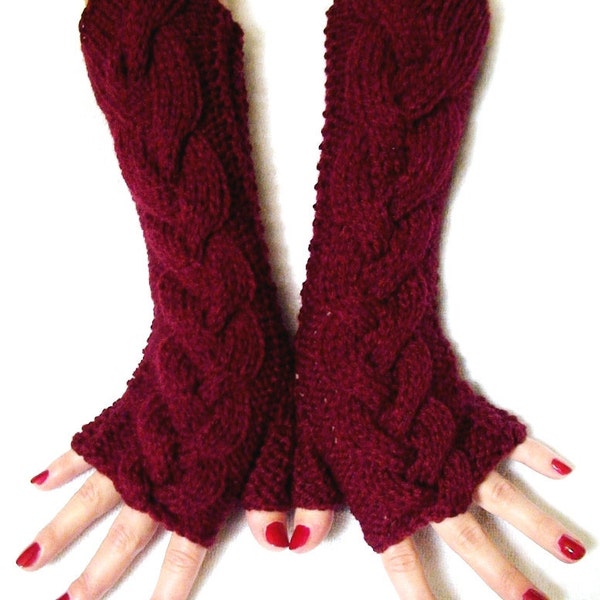 Fingerlose Handschuhe Acryl Verkabelte Pulswärmer Burgundy Extra Lang und Weich