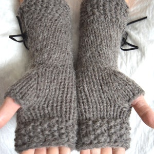 Popular right now Knit Fingerless Gloves Wrist Warmers Taupe/ Greyish Brown Corset with Suede Ribbons Victorian Style image 5