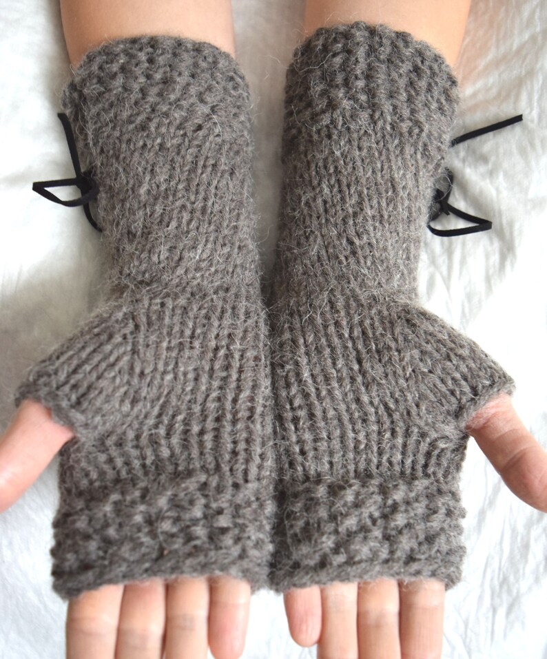 Popular right now Knit Fingerless Gloves Wrist Warmers Taupe/ Greyish Brown Corset with Suede Ribbons Victorian Style image 5
