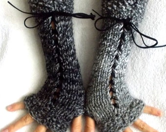 Long Fingerless Gloves Knit  Grey Shades Corset  Arm Warmers Variegated for Women Victorian Style