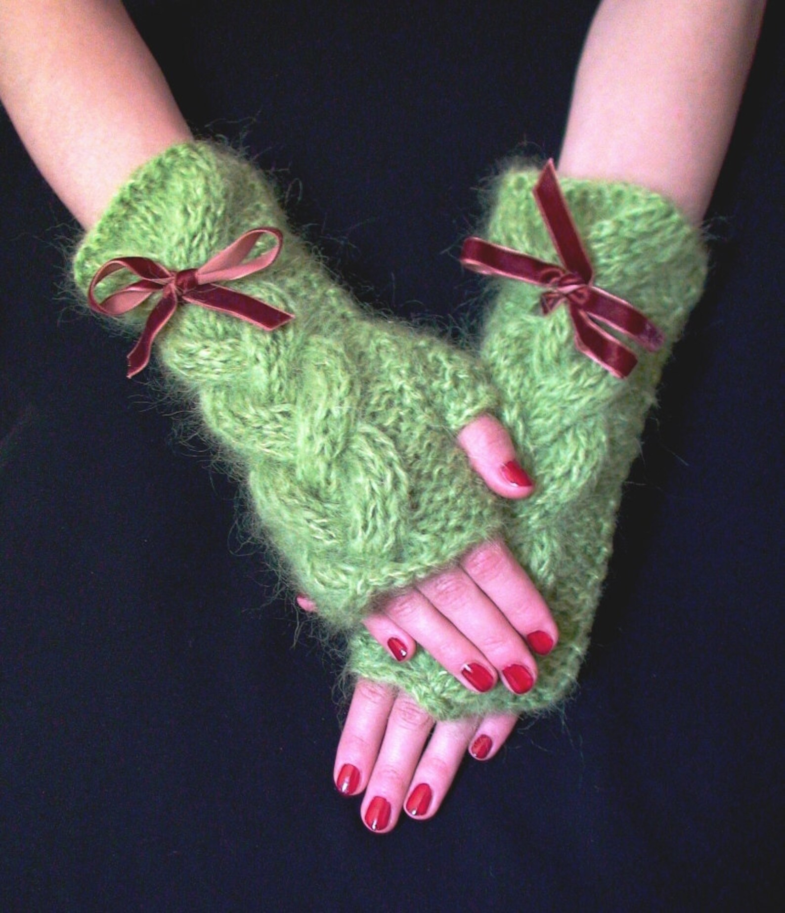 Fingerless Gloves Knit Cabled Apple Green Rustic Wrist Warmers Etsy