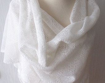 Linen Scarf White Shawl Knitted Natural Summer Wedding Wrap