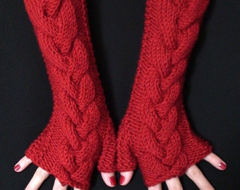 Mittens Fingerless Gloves Red Wrist Warmers, Cabled Soft Long Rusty Red