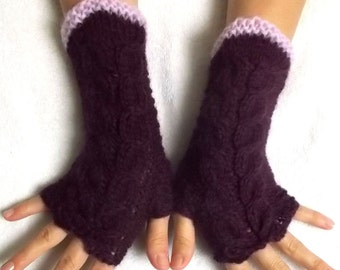Hand Knitted Fingerless Gloves Cabled Warm Wrist Warmers Maroon Purple Lilac Light Violet Fingerless Arm Warmers