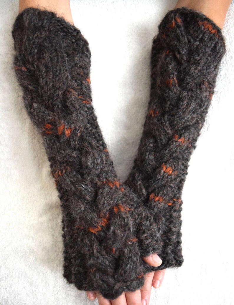 Fingerless Gloves Dark Brown Rusty Orange Arm Warmers Cabled Etsy