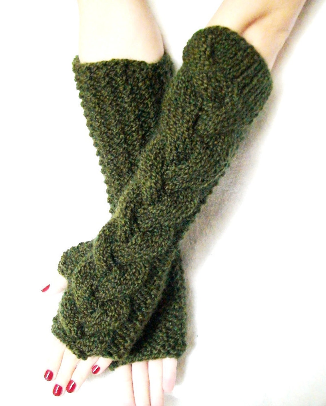 Fingerless Gloves Elbow Length Arm Warmers Dark Green Forest Etsy