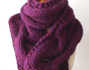 Chunky Scarf Big Cabled Purple Violet Burgundy  Cowl Hand Knitted