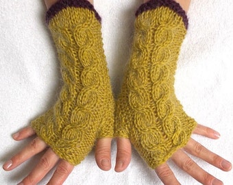 Fingerless Gloves Cabled Warm Wrist Warmers Chartreuse Maroon Purple Fingerless Arm Warmers