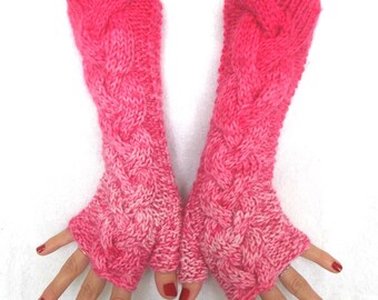 Pink Fingerless Gloves Cabled Hand Knitted Warm Arm Warmers