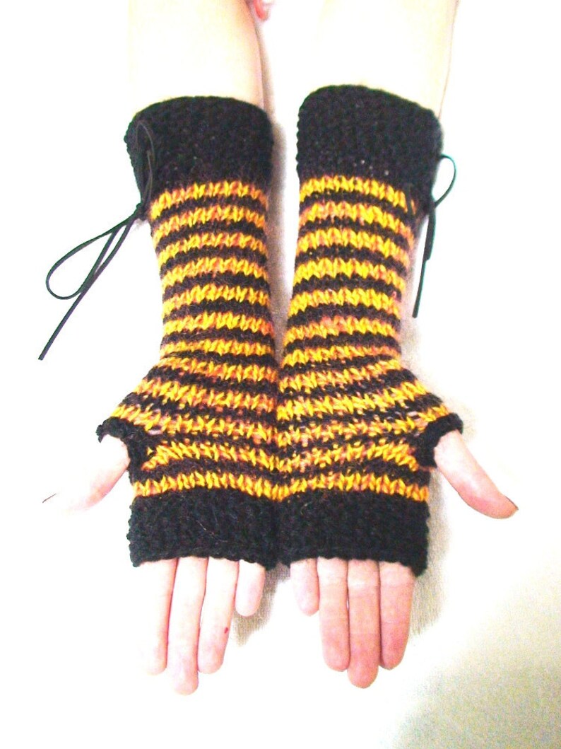 Fingerless Gloves Long Corset Striped Black Yellow/ Orange Etsy