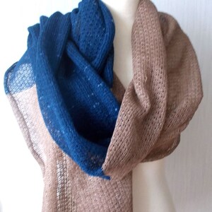 Linen Shawl Blue Brown Knitted Natural Summer Beach Wrap image 2