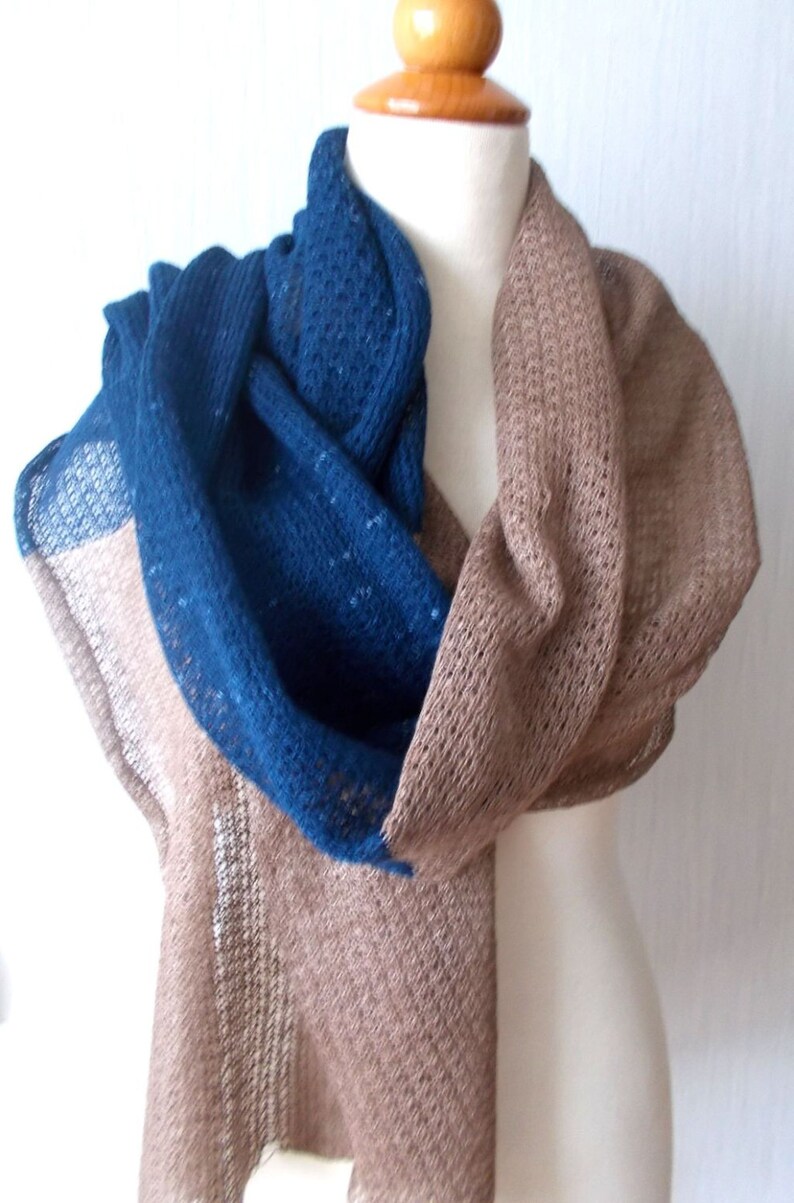 Linen Shawl Blue Brown Knitted Natural Summer Beach Wrap image 2