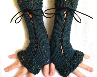 Fingerless Corset Gloves, Long Arm Warmers Handknit in DarkGreen  Turquoise Teal Victorian Style with golden copper lurex