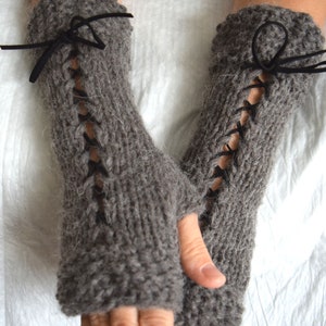 Popular right now Knit Fingerless Gloves Wrist Warmers Taupe/ Greyish Brown Corset with Suede Ribbons Victorian Style image 9