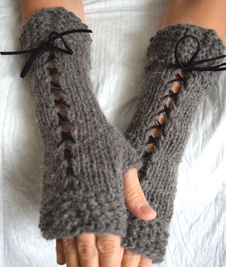 Popular right now Knit Fingerless Gloves Wrist Warmers Taupe/ Greyish Brown Corset with Suede Ribbons Victorian Style image 9