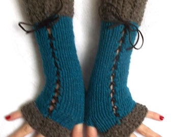 Teal Fingerless Gloves Corset Long Arm Warmers Victorian Style Women Winter Accessory Blue Green Brown