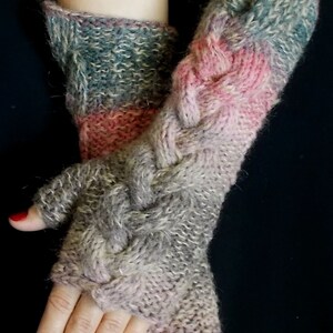 Fingerless Gloves Cabled Warm Arm Warmers Salmon Pink Light Brown Violet Grey Handknitted image 1