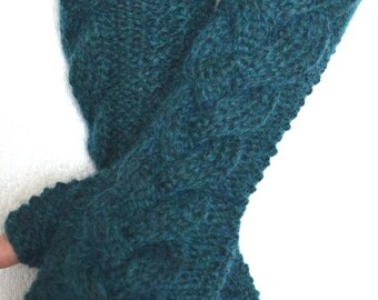 Teal Fingerless Gloves Handknit Green Blue  Cabled Wrist Warmers Extra Warm Long