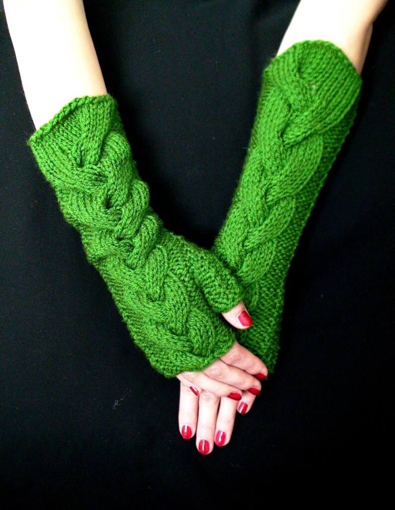 Fingerless Gloves Green Wrist Warmers Grass Green Cabled Extra Etsy
