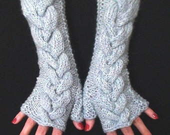 Fingerless Gloves/ Wrist Warmers Light Ice Blue Extra Warm Rustic Knit in Natural Wool and Kidmohair