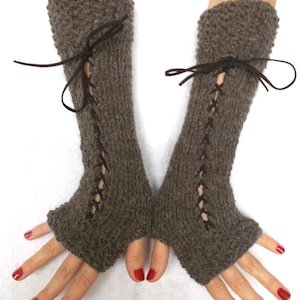 Christmas Gift for Her Knit Fingerless Gloves Long Wrist Warmers Brown Corset Gloves with Suede Ribbons Victorian Style image 1