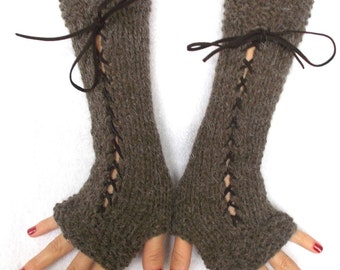 Christmas Gift for Her Knit Fingerless Gloves Long Wrist Warmers Brown Corset  Gloves with Suede Ribbons Victorian Style