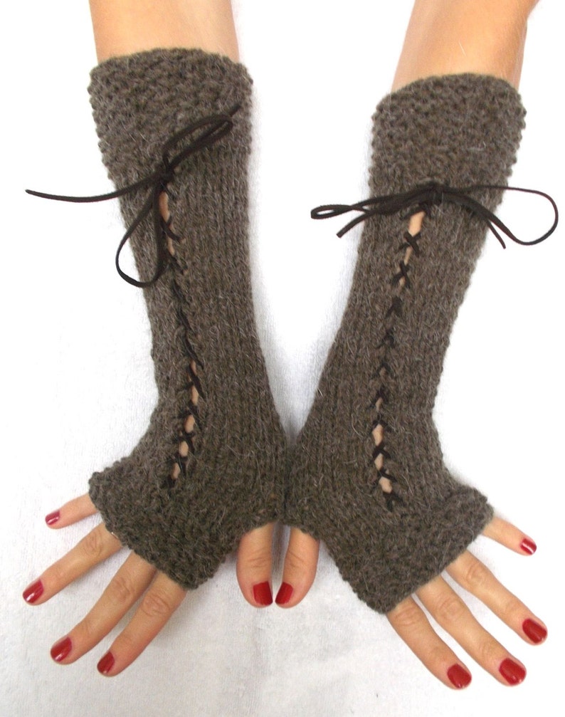 Christmas Gift for Her Knit Fingerless Gloves Long Wrist Warmers Brown Corset Gloves with Suede Ribbons Victorian Style image 1