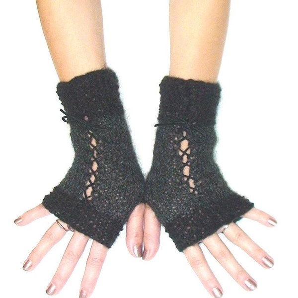 Christmas Gift for Her Fingerless Gloves Black Grey Corset Wrist Warmers with Suede Ribbons Victorian Style