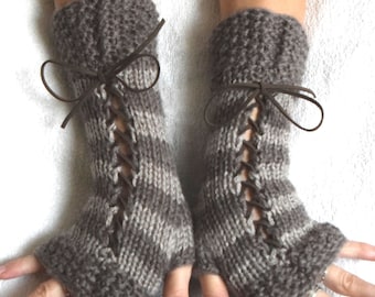 Women Fingerless Gloves Corset Wrist Warmers in Natural Beige Brown Taupe with Suede Ribbons Victorian Style