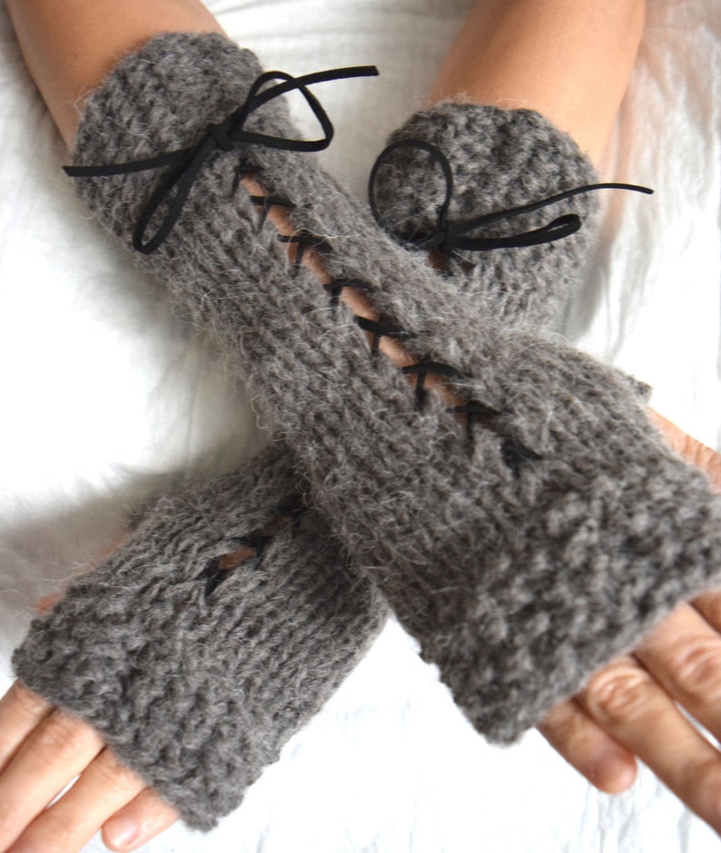 Popular right now Knit Fingerless Gloves Wrist Warmers Taupe/ Greyish Brown Corset with Suede Ribbons Victorian Style image 3