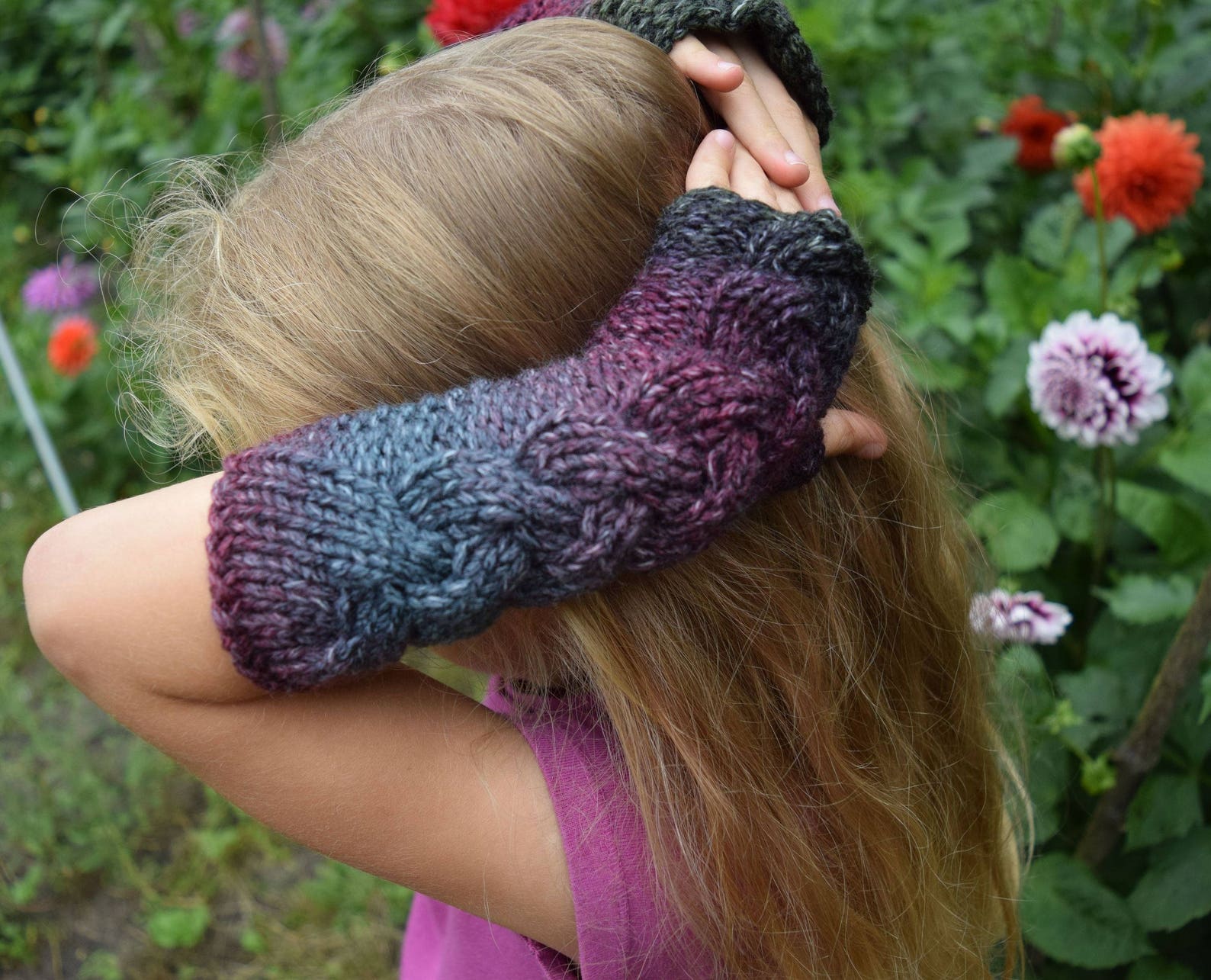 Kids Fingerless Gloves for Girls Cabled Warm Green Purple Etsy