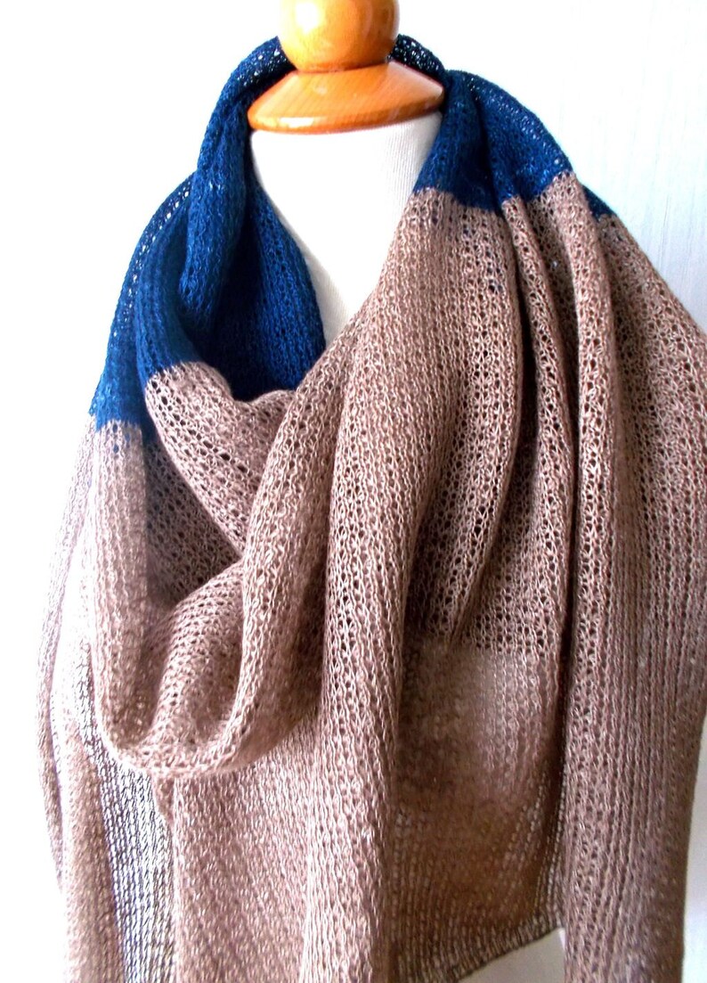 Linen Shawl Blue Brown Knitted Natural Summer Beach Wrap image 3