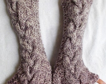 Fingerless Gloves Hand Knit  Cabled Woolen Arm Warmers Warm Greyish  Lavender Natural White Pale Pink