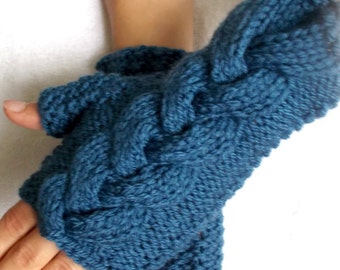 Cabled  Fingerless Gloves Wrist Warmers Denim Blue Women Acrylic Gloves
