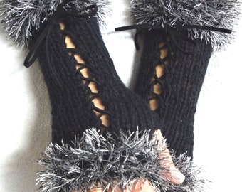 Black Grey Fingerless Gloves Women Corset  Wrist Warmers  with Suede Ribbons Victorian Style Hand Knit