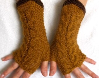 Fingerless Gloves Cabled Wrist Warmers in Mustard Brown Warm Luxurious Women Accessory