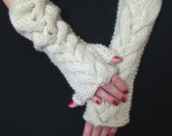 Fingerless Gloves Knit  Wrist Warmers Natural White  Cabled Warm, Long and Soft