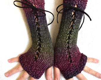 Knit  Fingerless Corset  Gloves Green Purple Violet Blue Shades Long Arm Warmers Variegated for Women Victorian Style Acrylic