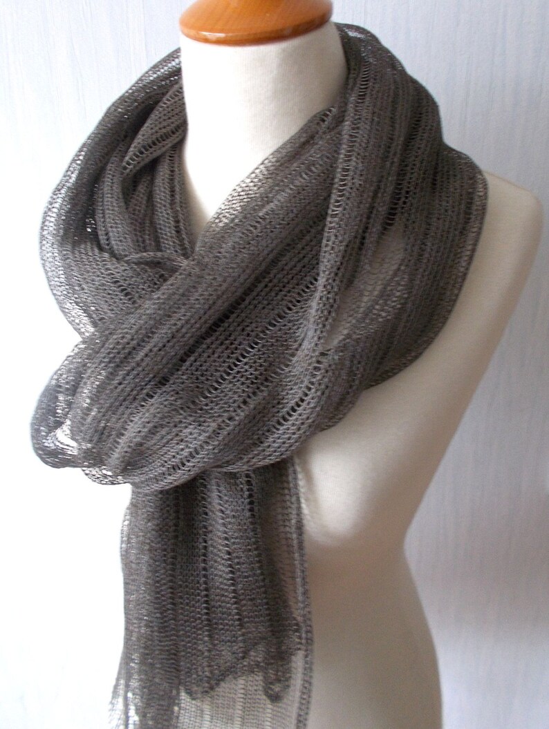 Linen Scarf Grey Brown Knitted Natural Spring Summer Shawl | Etsy