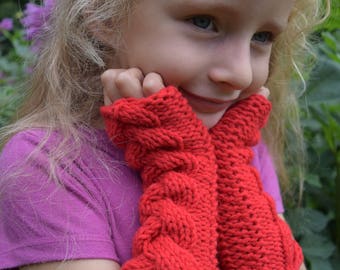 Fingerless Gloves for Kids Girls Cabled Warm Red Handknit Soft Acrylic Mittens Made to Order