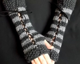 Fingerless Gloves Knit  Charcoal Dark Light Grey Corset Gloves with Black Suede Ribbons Victorian Style