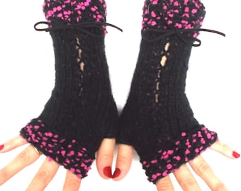 Fingerless Gloves Corset Wrist Warmers in Black with Suede Ribbons Pink