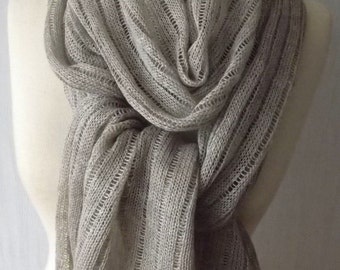 Linen Scarf Shawl Knitted Natural Summer Wrap in Light Grey