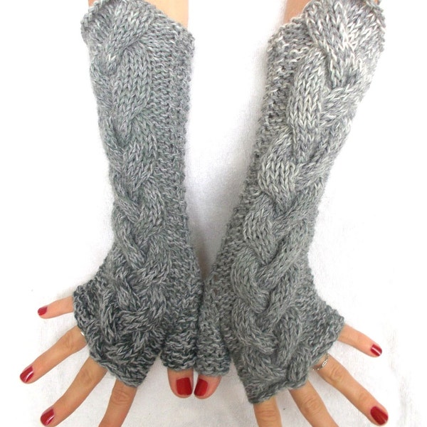 Fingerless Gloves Grey Shades Cabled Warm Arm Warmers Extra Long