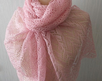 Linen Scarf Lace Shawl Knitted Natural Summer Wrap in Pale Pink Women Accessory