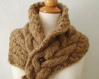 Cowl Neck Warmer Brown Handknit Cabled in Mohair Tweed Effect